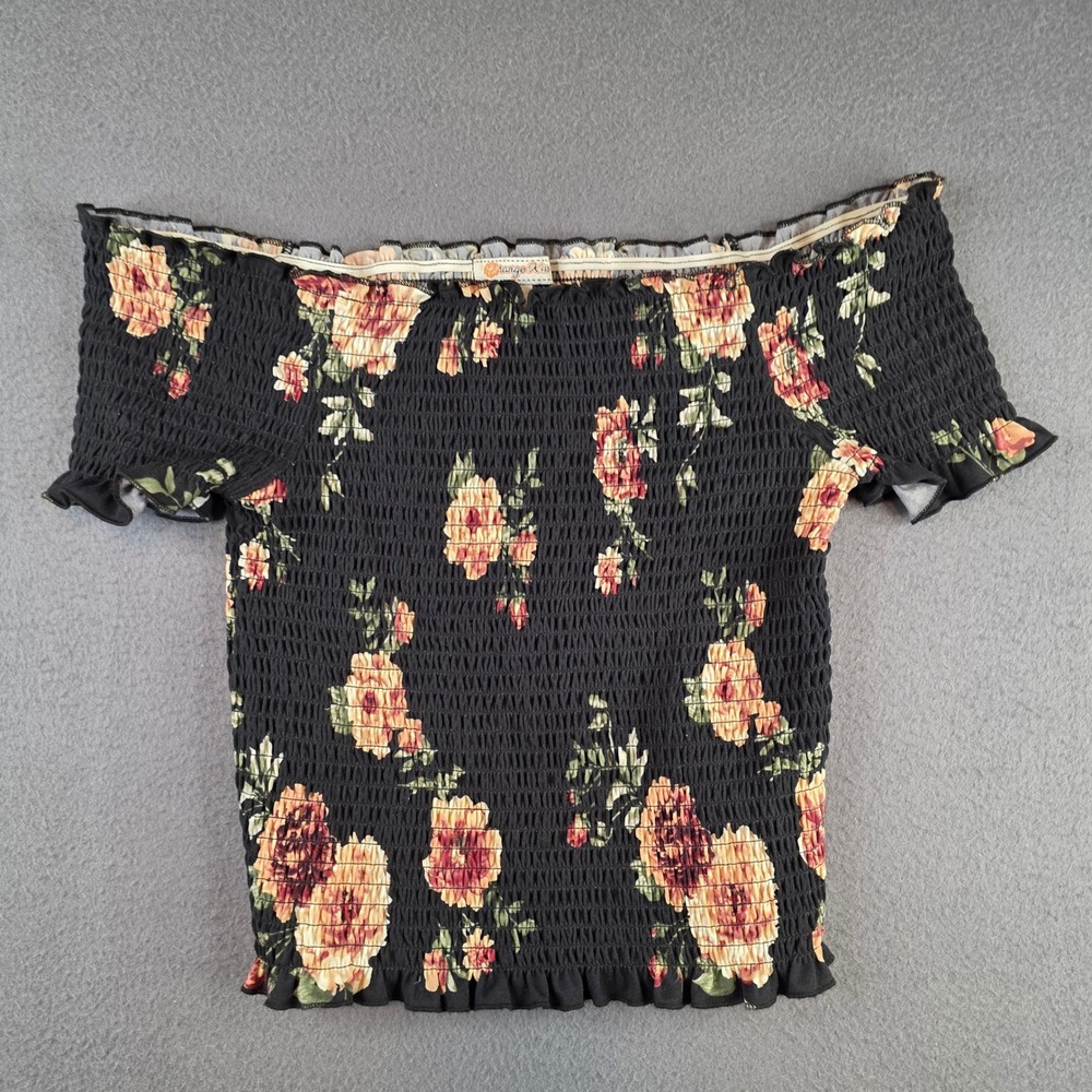 Orange Kiss Smocked Floral Top Juniors Large Black Pink Off Shoulder Ruffle